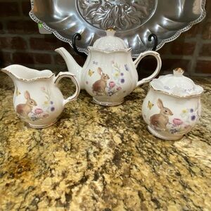 Grace Teaware Teapot, creamer and covered sugar porcelain set floral and rabbit